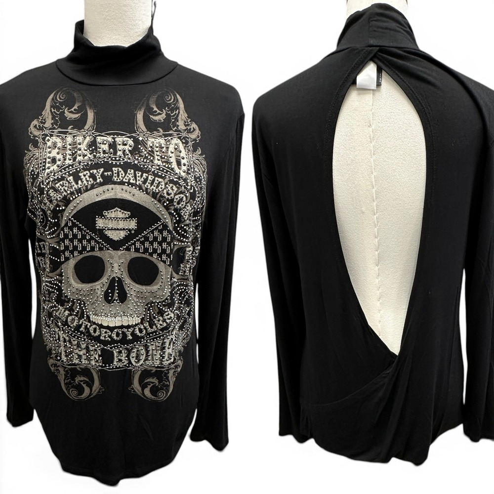 Harley-Davidson Top Womens XL Black Skull Graphic Rhinestone Open Back Mock Neck